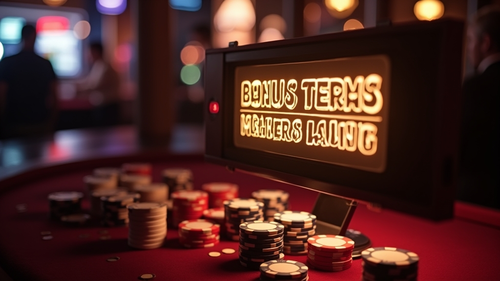 Bonus terms screen above chips and slot reels in a dark casino setting