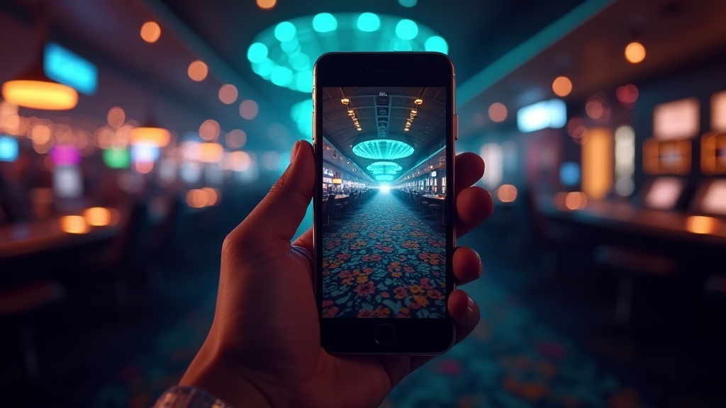 Smartphone showing a mobile casino app lobby in a dark neon setting