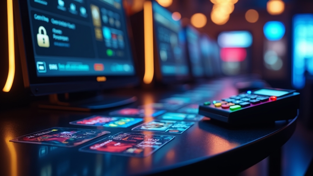 Casino cashier screen with glowing payment icons and a secure transaction terminal