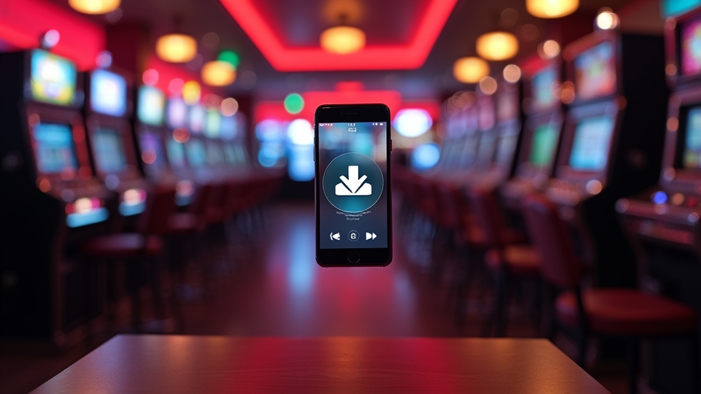 Phone displaying a casino app download screen in a dark atmospheric setting