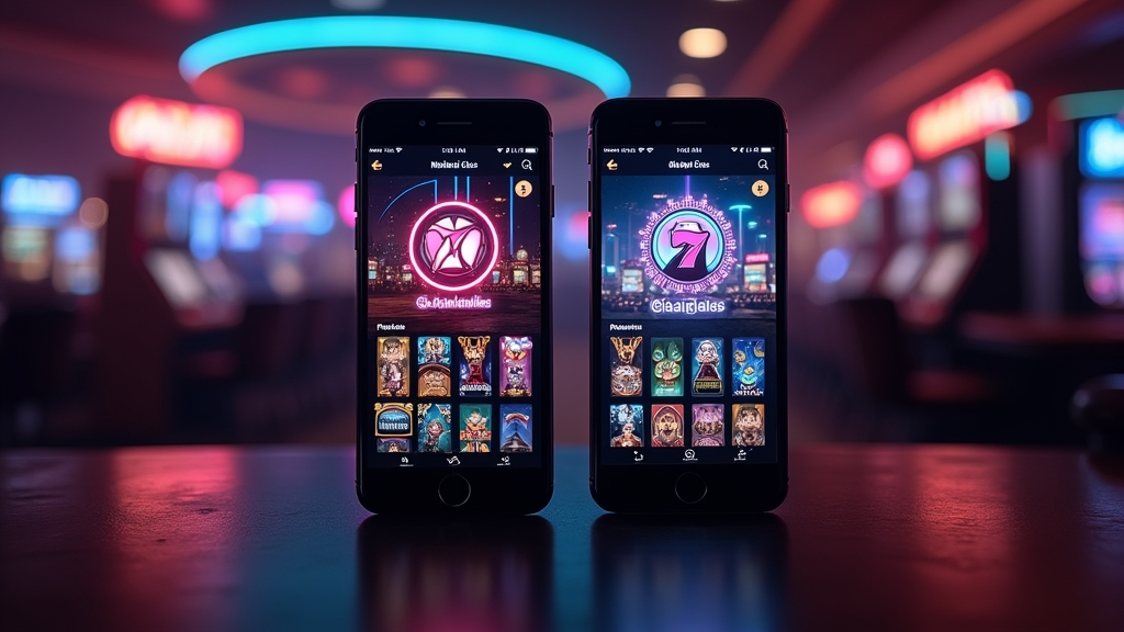Android and iPhone showing a casino mobile interface in a dark neon scene