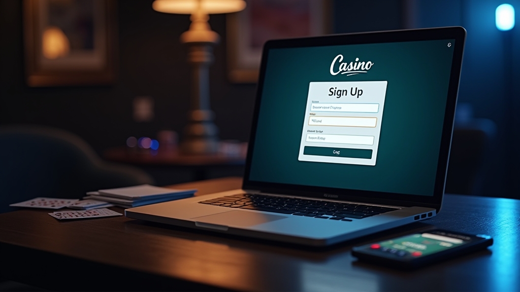 Laptop and phone beside a casino sign-up form in a dark atmospheric scene