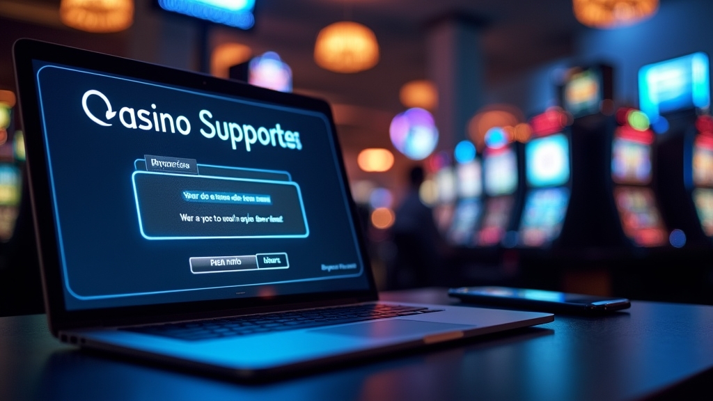 Promo code error screen beside a casino support desk and slot reels