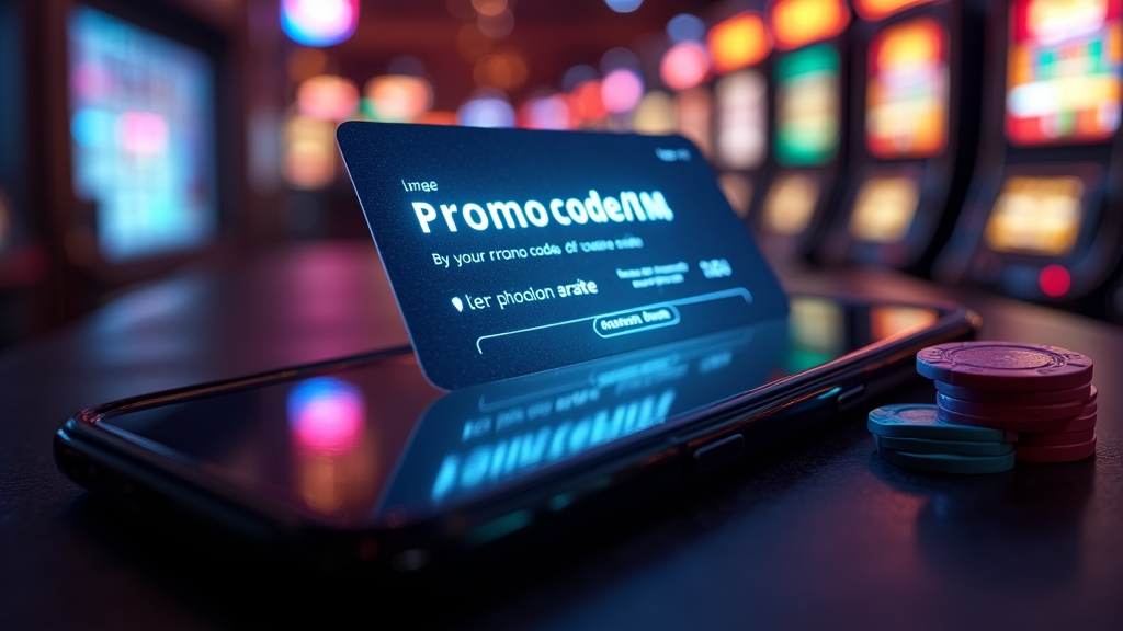 Promo code screen glowing in a dark casino lobby with slot machines in the background
